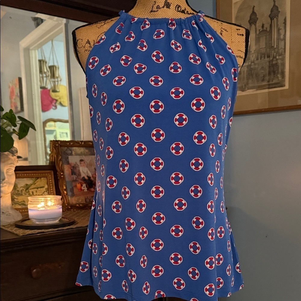 Cynthia Rowley Blue Halter Top – Nautical Red & White Print, Sleeveless